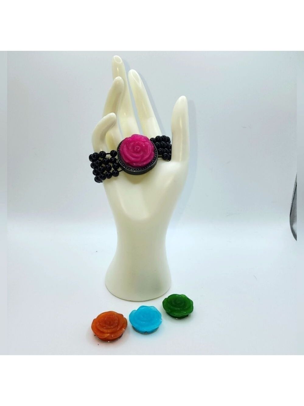 HSN Carved Jade Rose 4-in-1 Bracelet Stretch Onyx Bead Band Magnetic Flower NWOT